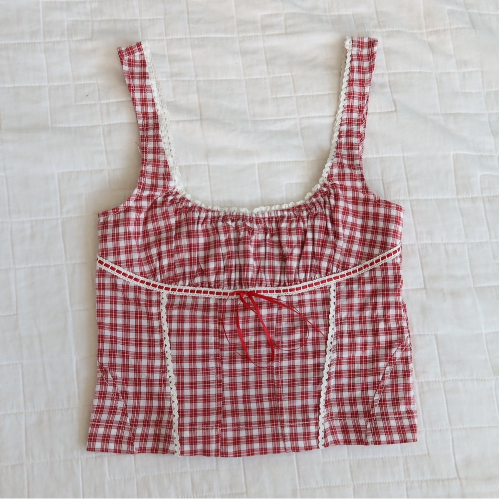 BDG Red and White Gingham Crop Tank with Lace Trim